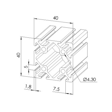 Schéma cotes - Profilé aluminium (Barre de 6 m) – Rainure 5 mm – Section 40x40 mm - Elcom shop