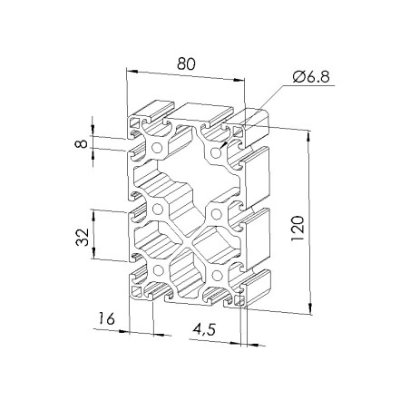 Schéma cotes - Profilé aluminium (Barre de 6 m) – Rainure 8 mm – Section 120x80 mm - Léger - Elcom shop