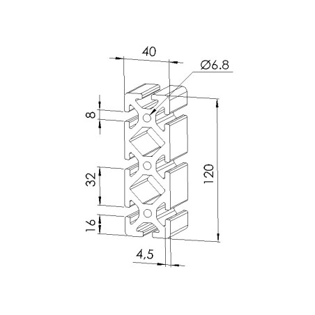 Schéma cotes - Profilé aluminium (Barre de 6 m) – Rainure 8 mm – Section 120x40 mm – Lourd - Elcom shop