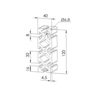 Schéma cotes - Profilé aluminium (Barre de 6 m) – Rainure 8 mm – Section 120x40 mm – Lourd - Elcom shop