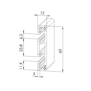 Schéma cotes - Profilé aluminium (Barre de 3 m) – Rainure 6 mm – 60x12 mm – Léger - Elcom shop