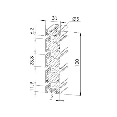 Schéma cotes - Profilé aluminium (Barre de 6 m) – Rainure 6 mm – 120x30 mm - Léger - Elcom shop