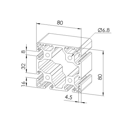 Schéma cotes - Profilé aluminium (Barre de 6 m) – Rainure 8 mm – 80x80 mm – 2N - Léger - Elcom shop