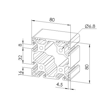 Schéma cotes - Profilé aluminium (Barre de 6 m) – Rainure 8 mm – 80x80 mm – 2N - Léger - Elcom shop