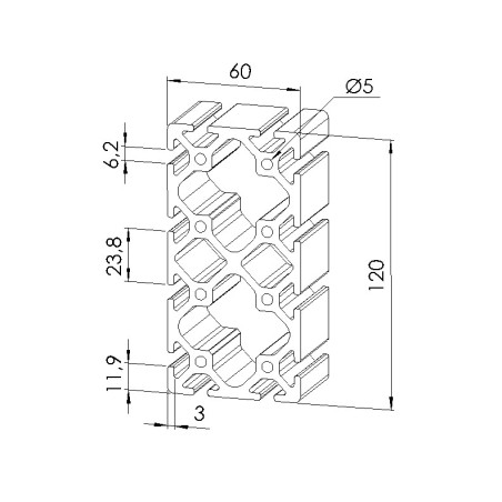 Schéma cotes - Profilé aluminium (Barre de 6 m) – Rainure 6 mm – 120x60 mm - Lourd - Elcom shop