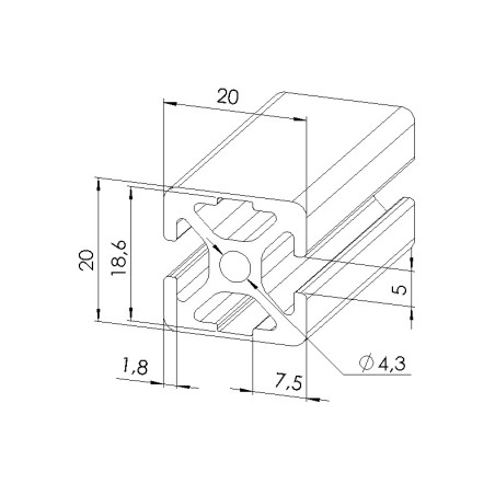 Schéma cotes - Profilé aluminium (Barre de 3 m) – Rainure 5 mm – Section 20x20 mm - 2N180 - Elcom shop