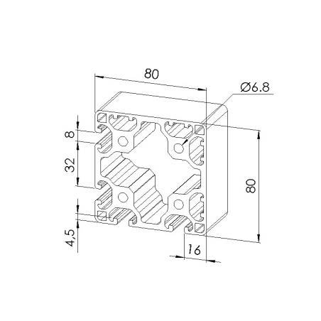 Schéma cotes - Profilé aluminium (Barre de 6 m) – Rainure 8 mm – 80x80 mm – 4N90 - Léger - Elcom shop