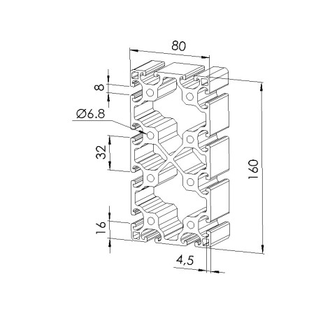 Schéma cotes - Profilé aluminium (Barre de 6 m) – Rainure 8 mm – 160x80 mm - Léger - Elcom shop