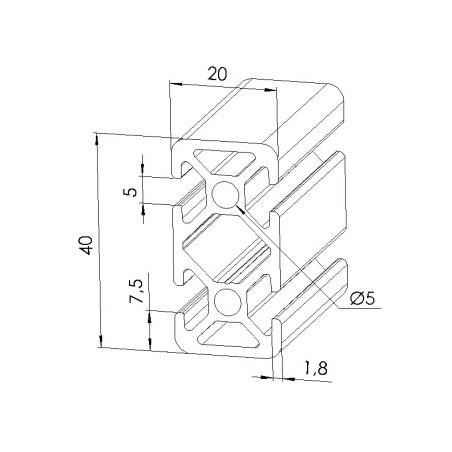 Schéma cotes - Profilé aluminium (Barre de 3 m) – Rainure 5 mm – Section 40x20 mm - 2N180 - Elcom shop