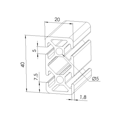 Schéma cotes - Profilé aluminium (Barre de 3 m) – Rainure 5 mm – Section 40x20 mm - 2N180 - Elcom shop