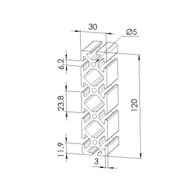 Schéma cotes - Profilé aluminium (Barre de 6 m) – Rainure 6 mm – 120x30 mm - Lourd - Elcom shop