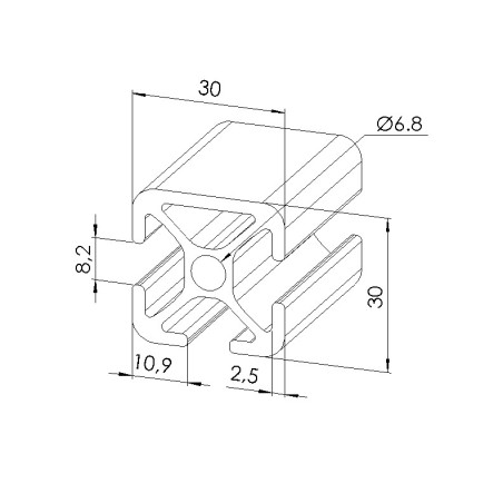 Schéma cotes - Profilé aluminium (Coupe max 6 m) – Rainure 8 mm – Section 30x30 mm – 1N - Elcom shop