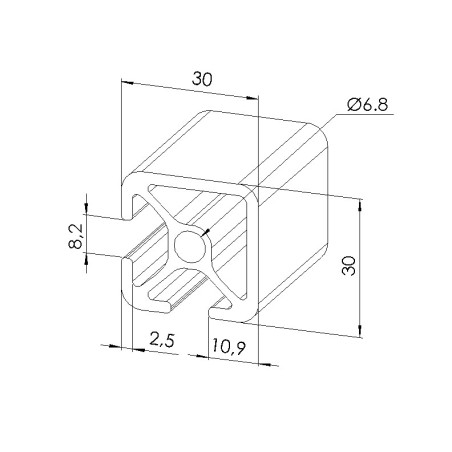 Schéma cotes - Profilé aluminium (Coupe max 6 m) – Rainure 8 mm – Section 30x30 mm – 2N90 - Elcom shop