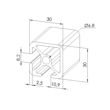 Schéma cotes - Profilé aluminium (Coupe max 6 m) – Rainure 8 mm – Section 30x30 mm – 2N90 - Elcom shop