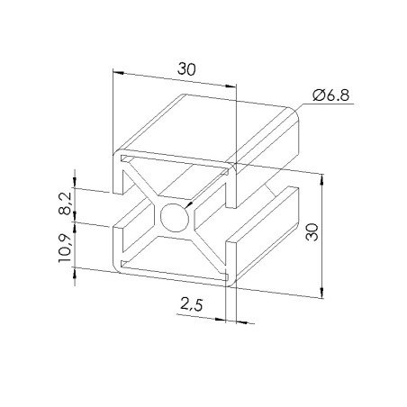 Schéma cotes - Profilé aluminium (Coupe max 6 m) – Rainure 8 mm – 30x30 mm – 2N180 - Elcom shop