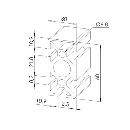 Schéma cotes - Profilé aluminium (Coupe max 6 m) – Rainure 8 mm – Section 60x30 – 1N - Elcom shop