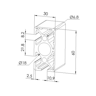 Schéma cotes - Profilé aluminium (Coupe max 6 m) – Rainure 8 mm – Section 60x30 mm – 3N90 - Elcom shop