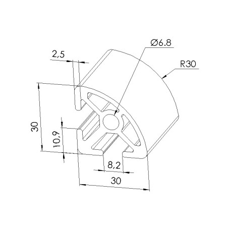Schéma cotes - Profilé aluminium (Coupe max 6 m) – Rainure 8 mm – Section R30-90° - Elcom shop