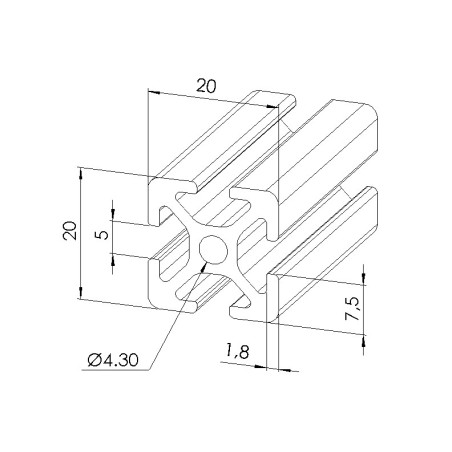 Schéma cotes - Profilé aluminium (Barre de 3 m) – Rainure 5 mm – Section 20x20 mm - Elcom shop