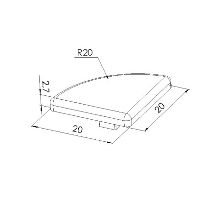 Schéma cotes - Embout profilé aluminium - Rainure 5 mm – Section R20mm - 90° - Elcom shop