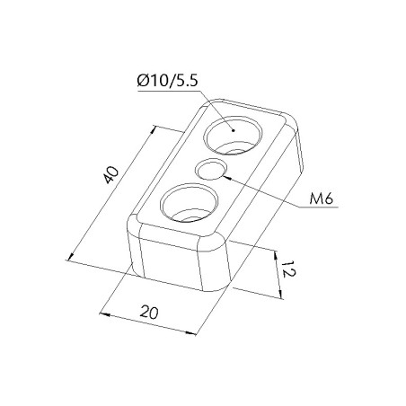 Schéma cotes - Plaque de base profilé aluminium - Rainure 5 mm – Section 40x20 mm - Elcom shop