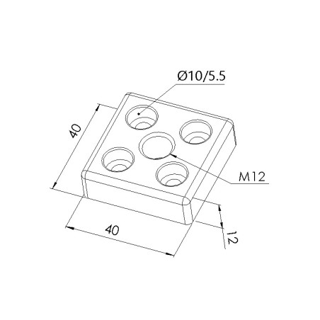 Schéma cotes - Plaque de base profilé aluminium – 5 mm - Section 40x40 mm – Taraudage M12 - Elcom shop