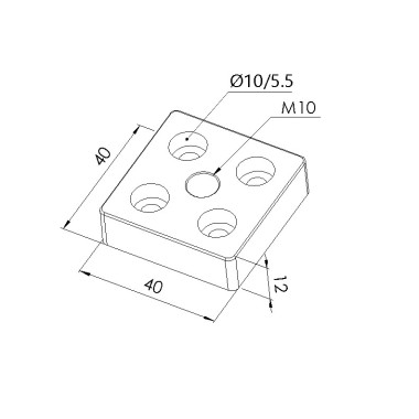 Schéma cotes - Plaque de base profilé aluminium – Rainure 5 mm - 40x40 mm –  M10 - Elcom shop