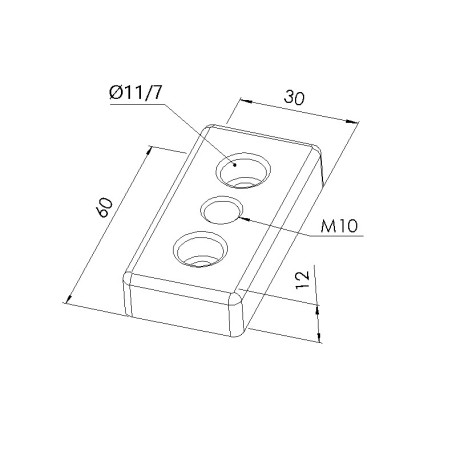 Schéma cotes - Plaque de base profilé aluminium – Section 60x30 mm – Taraudage M10 - Elcom shop