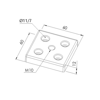 Schéma cotes - Plaque de base profilé aluminium – Section 60x60 mm – Taraudage M10 - Elcom shop