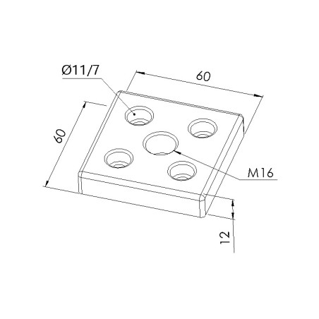 Schéma cotes - Plaque de base profilé aluminium – 6 mm - Section 60x60 mm – Taraudage M16 - Elcom shop