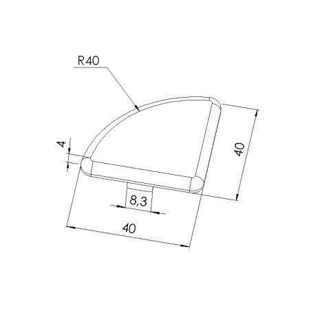 Schéma cotes - Embout profilé aluminium - Rainure 8 mm – Section R40-90° - Noir - Elcom shop