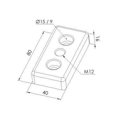 Schéma cotes - Plaque de base profilé aluminium – Section 80x40 mm – Taraudage M12 - Elcom shop