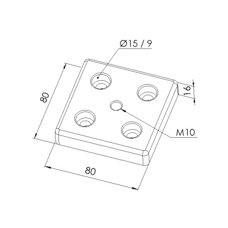 Schéma cotes - Plaque de base profilé aluminium - Rainure 8 mm – Section 80x80 mm – M10 - Elcom shop