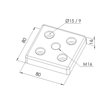 Schéma cotes - Plaque de base profilé aluminium - Rainure 8 mm – Section 80x80 mm – M16 - Elcom shop