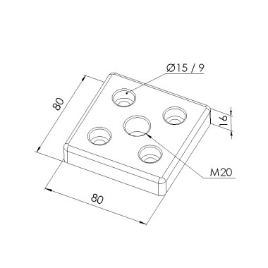 Schéma cotes - Plaque de base profilé aluminium – Section 80x80 mm – Filetage M20 - Elcom shop