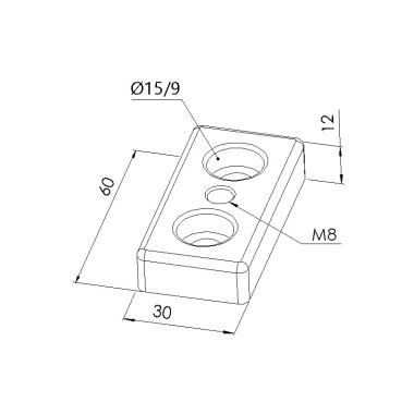 Schéma cotes - Plaque de base profilé aluminium – 8 mm - Section 60x30 mm – Taraudage M8 - Elcom shop