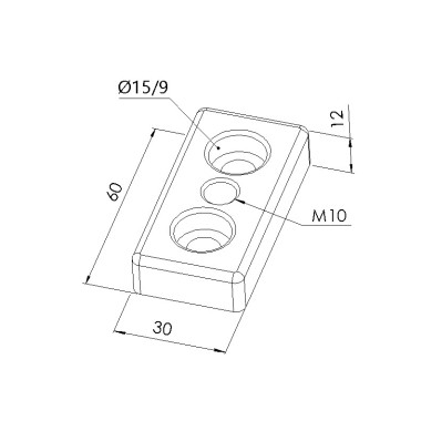 Schéma cotes - Plaque de base profilé aluminium – 8 mm - Section 60x30 mm – Taraudage M10 - Elcom shop