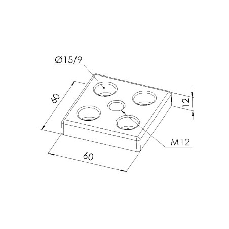 Schéma cotes - Plaque de base profilé aluminium – Section 60x60 mm – Taraudage M12 - Elcom shop