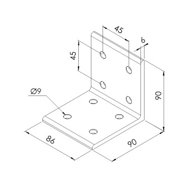 Schéma cotes - Equerre d’assemblage profilé aluminium V8 – Section 90x90 mm - Elcom shop