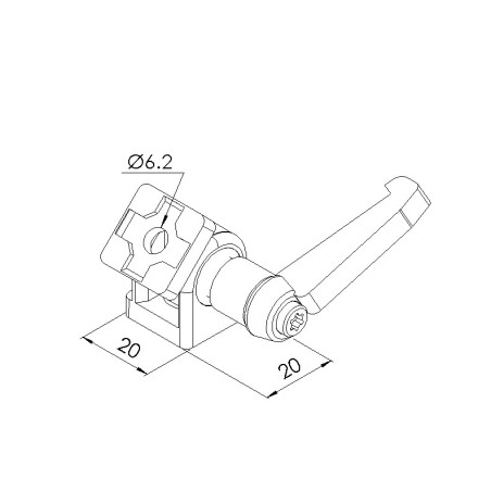 Schéma cotes - Articulation à blocage profilé aluminium – Rainure 5 mm – 20x20 mm - Elcom shop