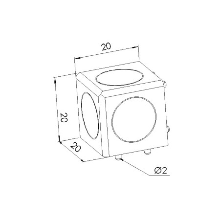 Schéma cotes Raccord d’angle cube profilé aluminium – Rainure 5 mm – 20x20x20 mm – 3D - Elcom shop