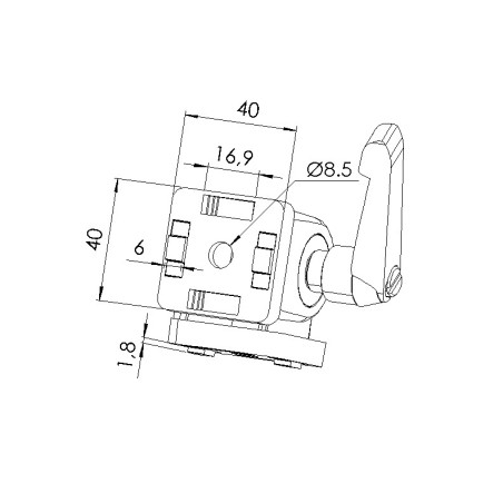 Schéma cotes - Articulation à blocage profilé aluminium– 8 mm – Section 40x40 mm - Elcom shop