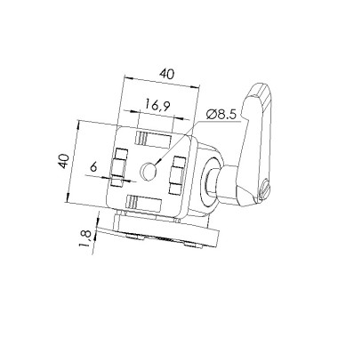 Schéma cotes - Articulation à blocage profilé aluminium– 8 mm – Section 40x40 mm - Elcom shop