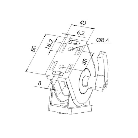 Schéma cotes - Articulation profilé aluminium – à blocage - Rainure 8 mm – 80x40 mm - Elcom shop