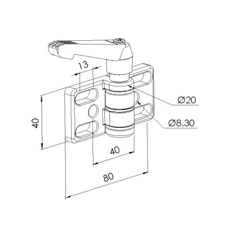 Schéma cotes - Charnière avec poignée profilé aluminium – Rainure 8 mm – 40 mm - Zn - Elcom shop