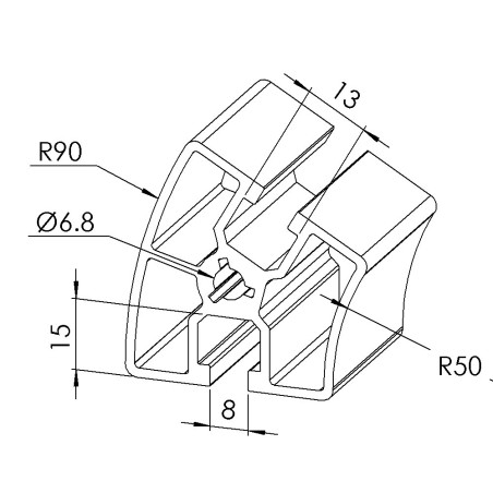 Profilé aluminium - Rainure 8 mm - Section R45/90-30° - Léger