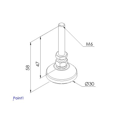 Schéma cotes - Pied profilé aluminium – D30 – M6x58 – PA – Rotule 10 - Elcom shop