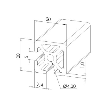 Schéma cotes - Profilé aluminium (Coupe max 3 m) – Rainure 5 mm – Section 20x20 mm- 2N90 - Elcom shop