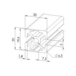 Schéma cotes - Profilé aluminium (Coupe max 3 m) – Rainure 5 mm – Section 20x20 mm - 2N180 - Elcom shop