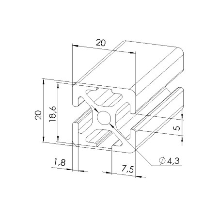 Schéma cotes - Profilé aluminium (Coupe max 3 m) – Rainure 5 mm – Section 20x20 mm - 2N180 - Elcom shop